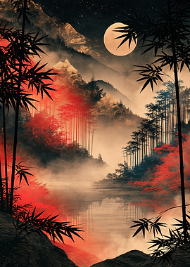Misty Moonlit Bamboo Forest Landscape