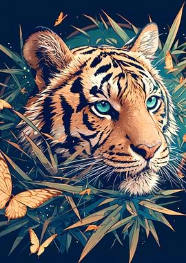 Tiger with Butterflies in Bamboo