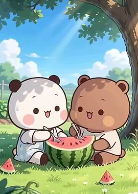 Cute Bears Eating Watermelon