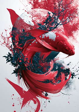 Red Koi Fish with Floral Elements