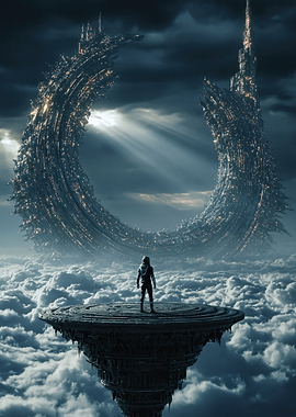 Astronaut on Floating Island Overlooking Alien City