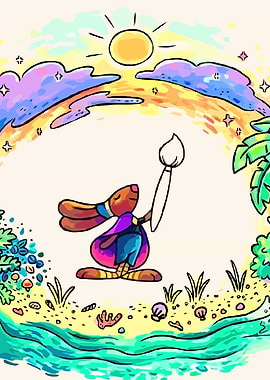 Bunny painting a rainbow on the beach