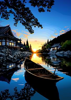 Serene Japanese Temple at Sunset