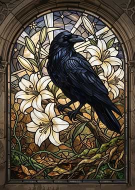 Raven and Lilies Stained Glass