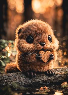 Cute Baby Beaver Holding Heart