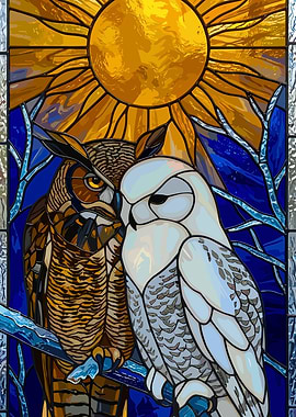 Stained Glass Owls and Sun