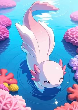 Cute Axolotl in Coral Reef