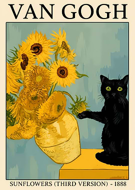 Van Gogh Sunflowers with Black Cat