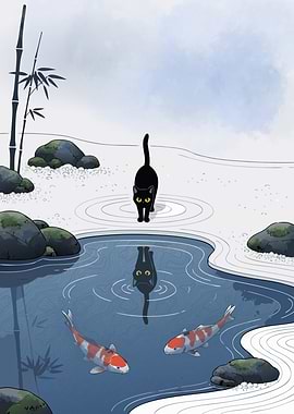 Black Cat Zen - Japanese Koi Pond Minimalist