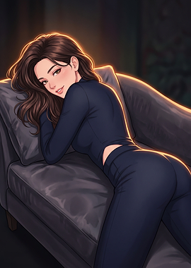 Anime woman lounging on a sofa