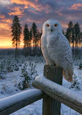 Snowy Owl on a Fence Post at Sunset