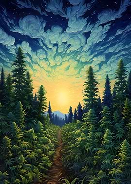 Cannabis Field Under a Starry Sky