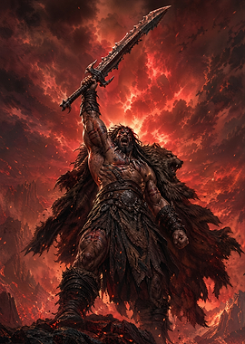 Fierce Warrior with Sword in Fiery Landscape
