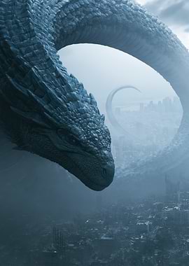 Giant Dragon Over Ruined City