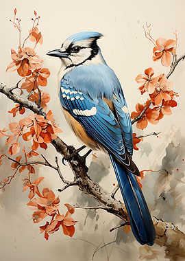 Blue Jay on a Branch with Flowers