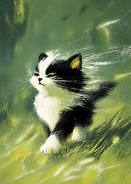 Black and white kitten in grass
