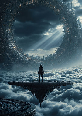Astronaut on Floating Platform Over Clouds