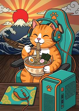 Gamer Cat Eating Ramen Fuji Mount