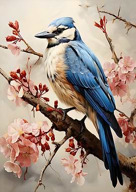 Blue Jay on Cherry Blossom Branch