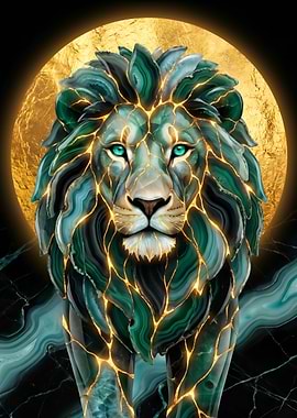 Majestic Lion Made of Gemstones Kintsugi Art Golden Moon