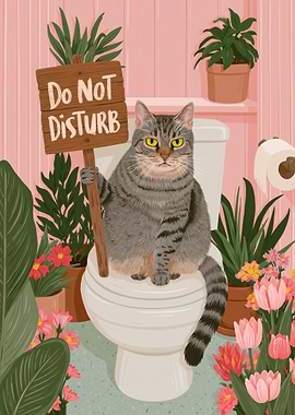 Cat on Toilet with Do Not Disturb Sign