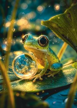 Green Frog Holding Glass Orb