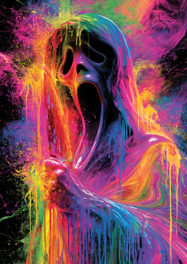 Scream Mask Covered in Colorful Paint Splatter