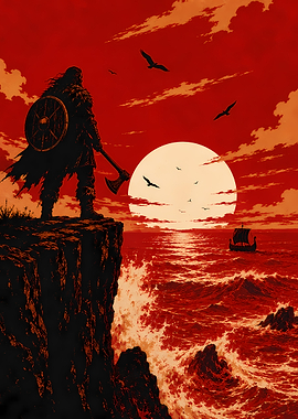 Viking Warrior on Cliff Overlooking Sea