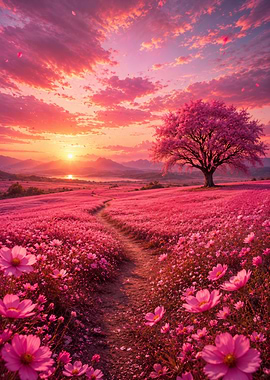 Pink Cosmos Field at Sunset