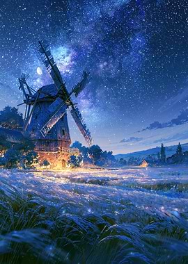 Magical Starry Night Windmill Landscape