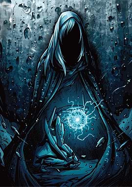 Mysterious hooded figure with glowing orb