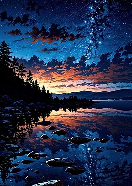Starry Night Sky Over Lake