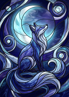 Stained Glass Lunar Fox Under the Moon