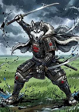 Samurai Husky Warrior in Storm