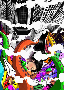 Surreal Cityscape with Tentacles and Aliens
