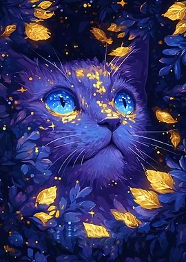 Enchanted Blue Cat in Golden Leaves
