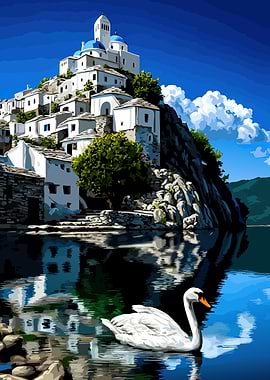 White Swan on Water with Greek Village
