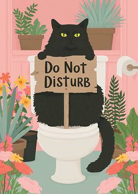 Black Cat on Toilet with Sign