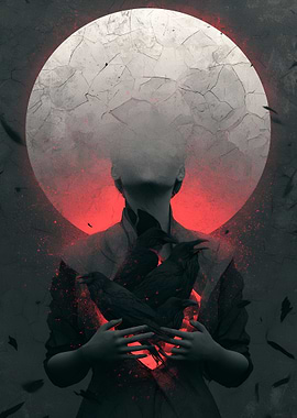 Mysterious Figure with Crows and Moon