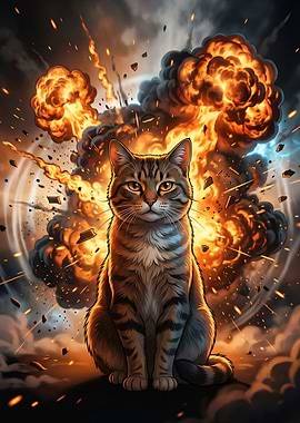 Cat in front of explosion thousand yard