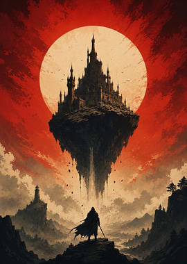 Floating Castle Under Red Moon