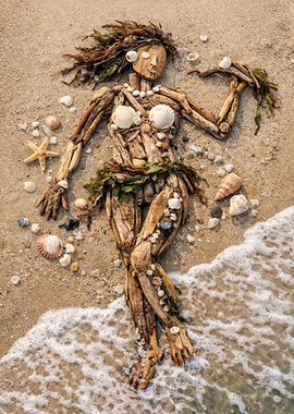 Driftwood Mermaid on Sandy Beach