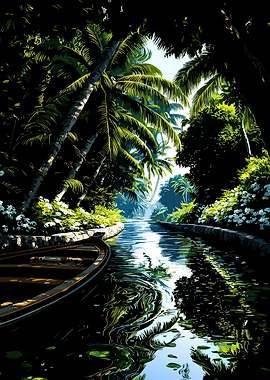 Tropical Canal with Boat and Palm Trees