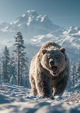 Bear in a Snowy Mountain Landscape