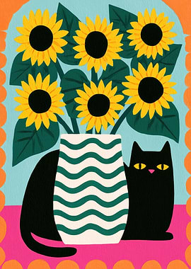 Black Cat with Sunflowers in a Vase