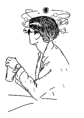 Man with orbiting planets above head