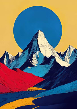 Stylized Mountain Landscape with Sun
