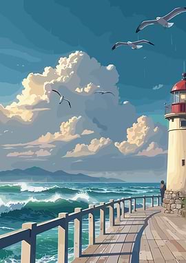 Seagulls over a Lighthouse by the Sea