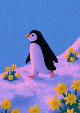 Cute Penguin Walking Among Flowers