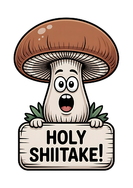 Funny Mushroom with 'Holy Shiitake!' Sign